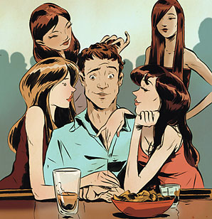 man surrounded by girls