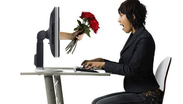 Woman receiving roses online